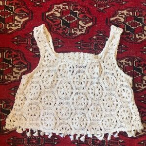 White Cream Crochet Lace cami crop Top Medium with Tassles Beach knit NWT